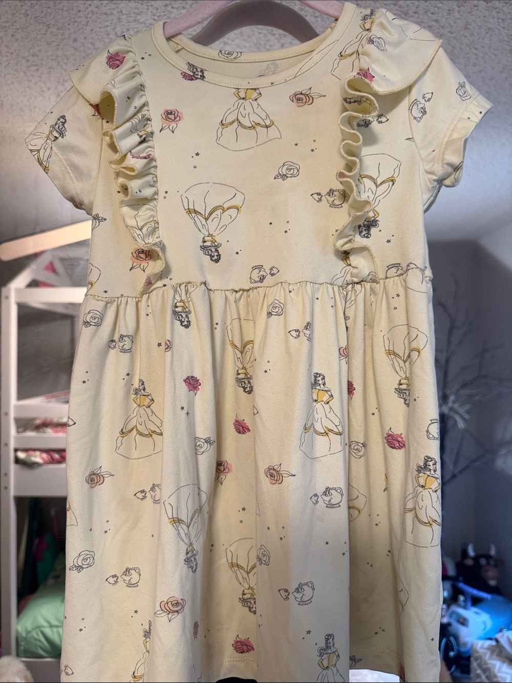 Disney Cream Princess Ruffle Short Sleeve Dress with Pink Rose Accents